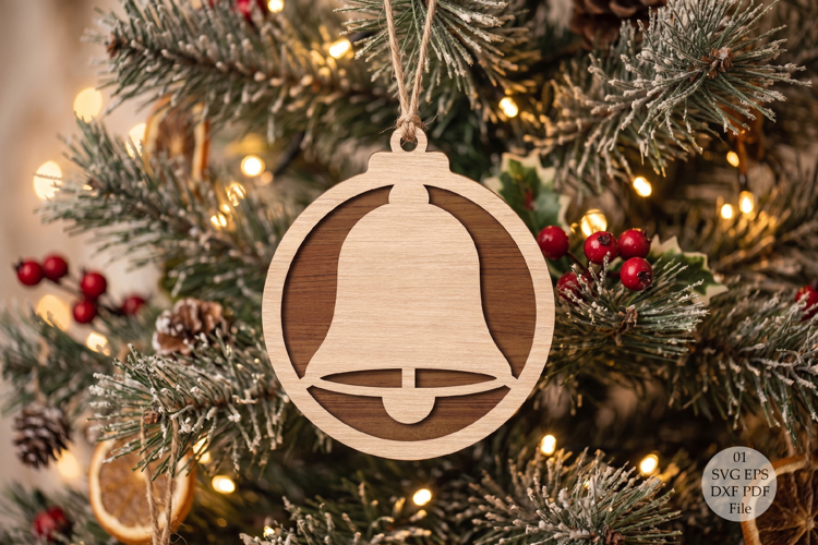 Christmas Bell Ornament Laser Cut SVG, Round Wooden Holiday