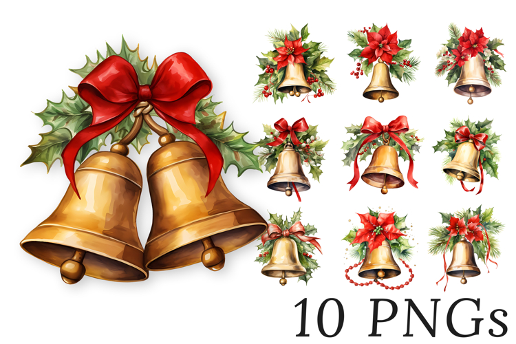 Christmas Bells Clipart Bundle with Holly and Ribbons