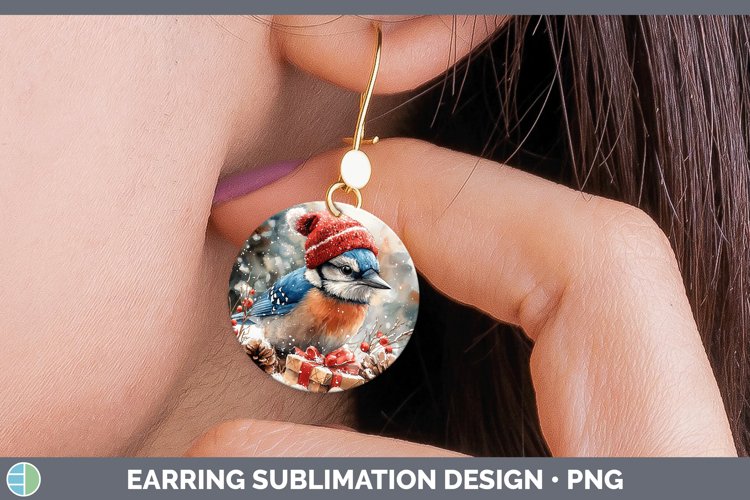 Christmas Birds 01 Blue Jay Round Earrings Sublimation Earri