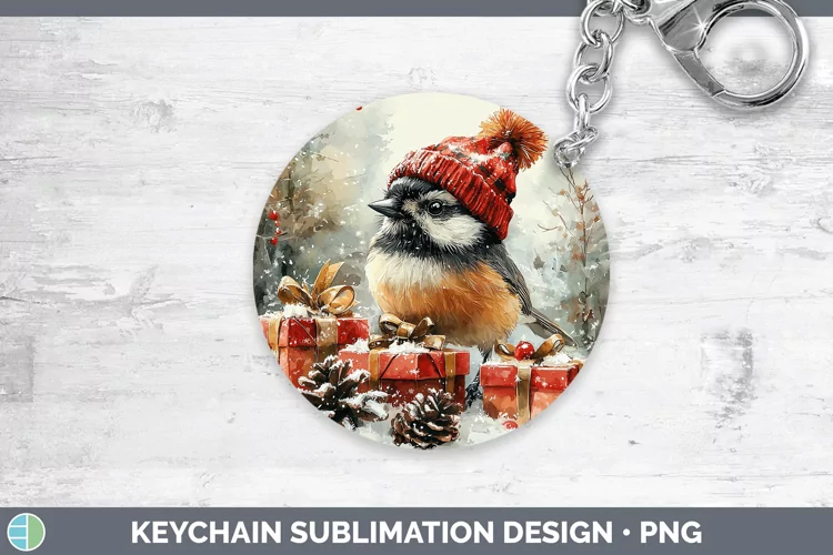 Christmas Birds 01 Chickadee Keychain Sublimation Keyring De