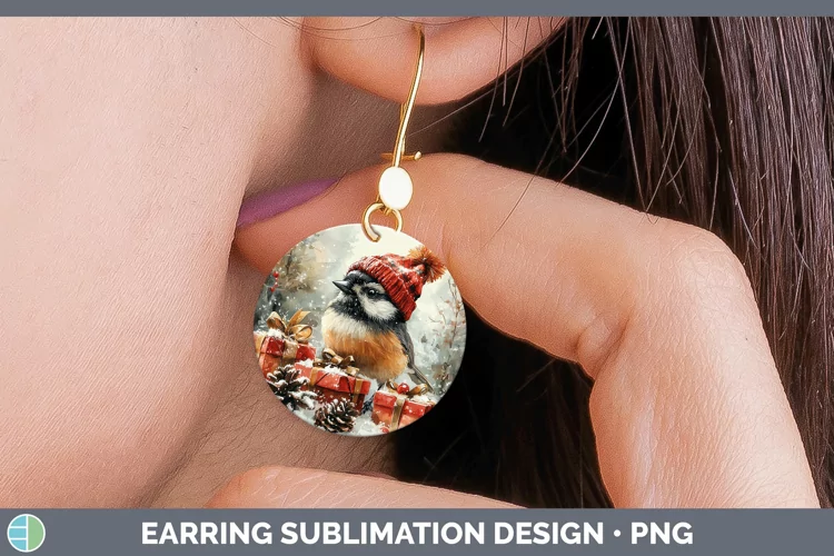Christmas Birds 01 Chickadee Round Earrings Sublimation Earr