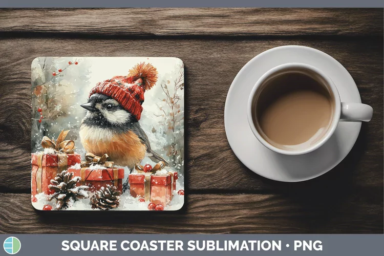 Christmas Birds 01 Chickadee Square Coaster Sublimation Coas