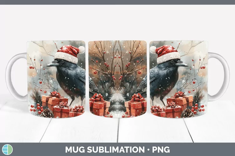Christmas Birds 01 Crow Mug Wrap Sublimation Coffee Cup Desi