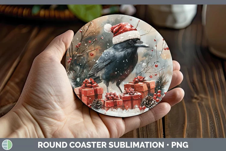 Christmas Birds 01 Crow Round Coaster Sublimation Coaster De