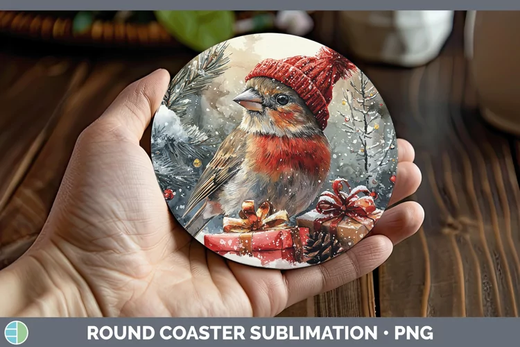 Christmas Birds 01 Finch Round Coaster Sublimation Coaster D