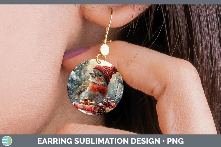 Christmas Birds 01 Finch Round Earrings Sublimation Earrings