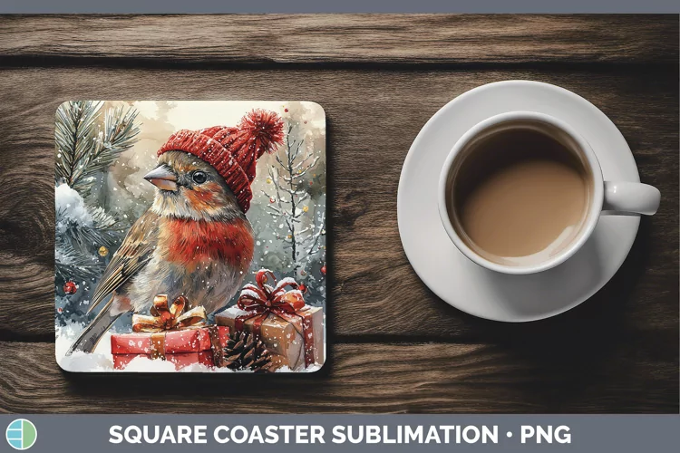 Christmas Birds 01 Finch Square Coaster Sublimation Coaster