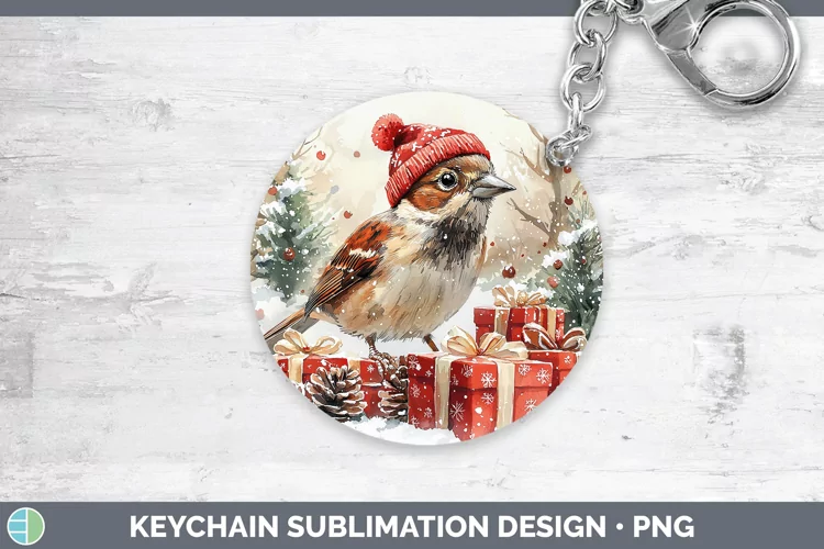 Christmas Birds 01 Sparrow Keychain Sublimation Keyring Desi