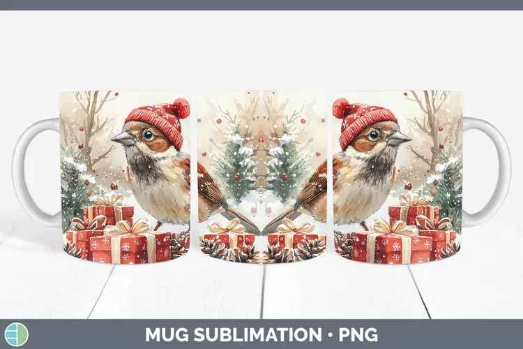 Christmas Birds 01 Sparrow Mug Wrap Sublimation Coffee Cup D