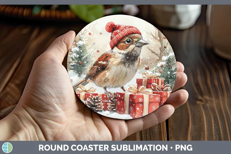 Christmas Birds 01 Sparrow Round Coaster Sublimation Coaster
