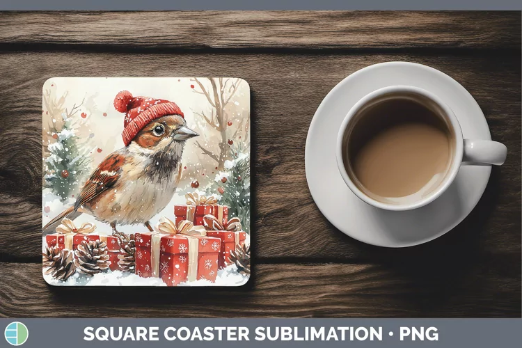 Christmas Birds 01 Sparrow Square Coaster Sublimation Coaste
