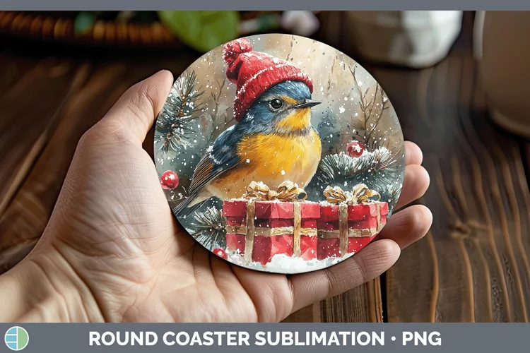 Christmas Birds 01 Warbler Round Coaster Sublimation Coaster