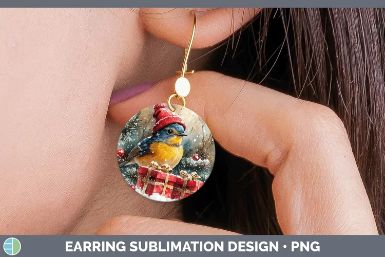 Christmas Birds 01 Warbler Round Earrings Sublimation Earrin