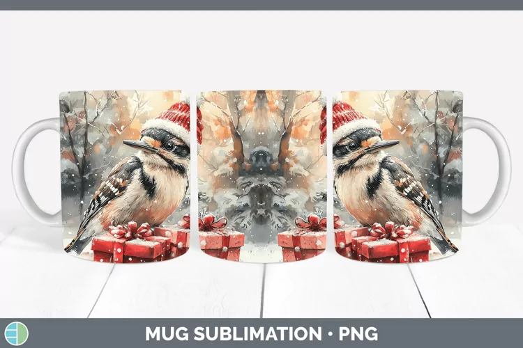 Christmas Birds 01 Woodpecker Downy Mug Wrap Sublimation Cof