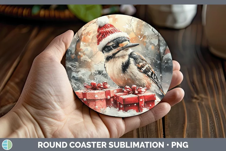Christmas Birds 01 Woodpecker Downy Round Coaster Sublimatio