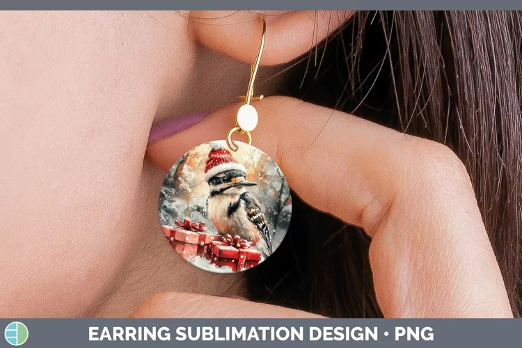 Christmas Birds 01 Woodpecker Downy Round Earrings Sublimati