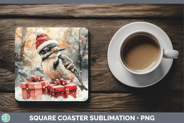 Christmas Birds 01 Woodpecker Downy Square Coaster Sublimati