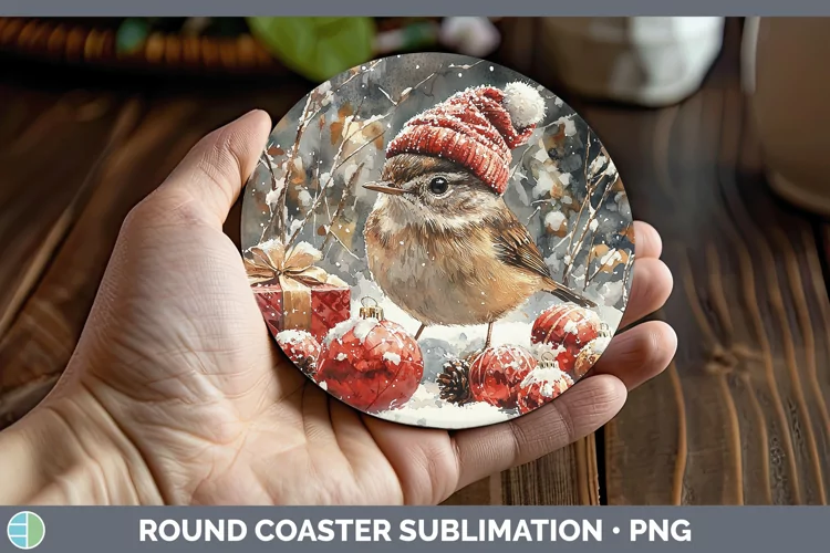 Christmas Birds 01 Wren Round Coaster Sublimation Coaster De