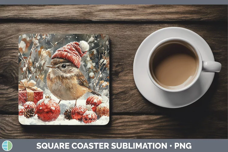 Christmas Birds 01 Wren Square Coaster Sublimation Coaster D