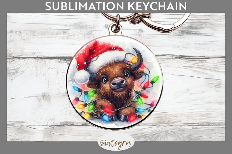 Christmas Bison v2 Entangled in Lights Round Keychain PNG