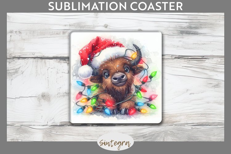 Christmas Bison v2 Entangled in Lights Square Coaster PNG