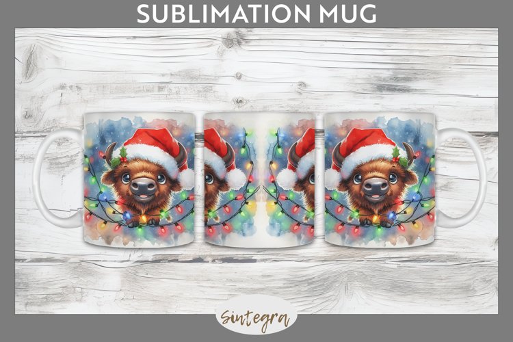 Christmas Bison v3 Entangled in Lights Mug Wrap Sublimation example image 1