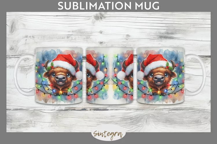 Christmas Bison v3 Entangled in Lights Mug Wrap Sublimation