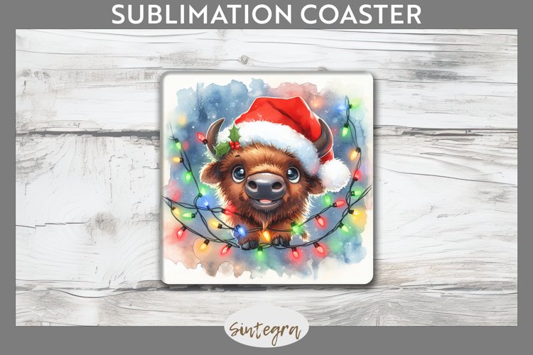 Christmas Bison v3 Entangled in Lights Square Coaster PNG
