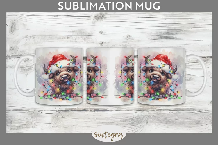 Christmas Bison v4 Entangled in Lights Mug Wrap Sublimation