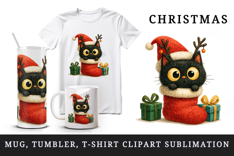 Christmas black cat tumbler mug wrap clipart sublimation png