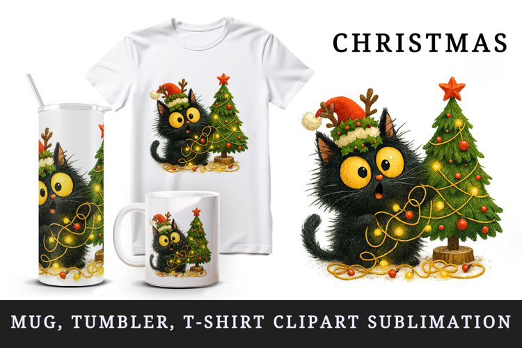 Christmas black cat tumbler mug wrap clipart sublimation png