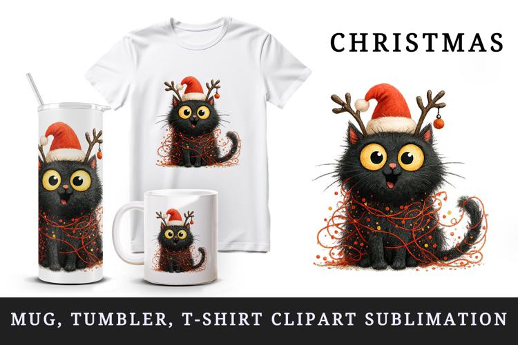 Christmas black cat tumbler mug wrap clipart sublimation png