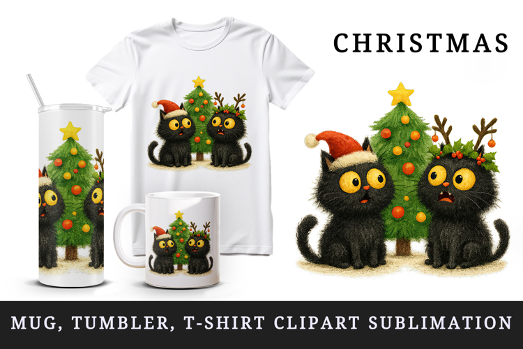 Christmas black cat tumbler mug wrap clipart sublimation png