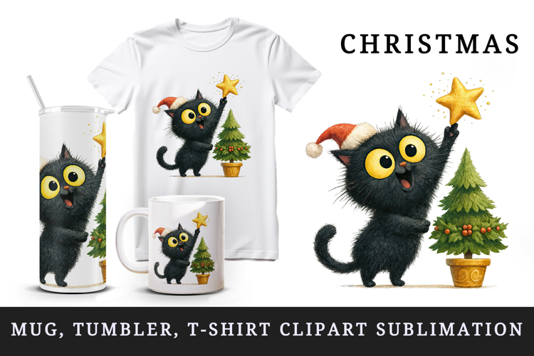 Christmas black cat tumbler mug wrap clipart sublimation png