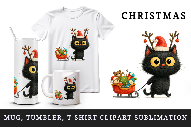 Christmas black cat tumbler mug wrap clipart sublimation png