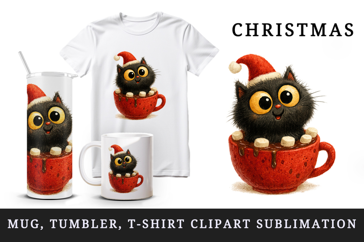 Christmas black cat tumbler mug wrap clipart sublimation png