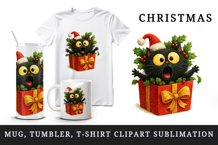 Christmas black cat tumbler mug wrap clipart sublimation png