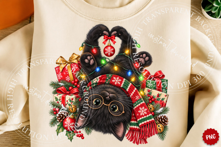 Christmas Black Cat Heart Paws Love PNG, Trending Christmas