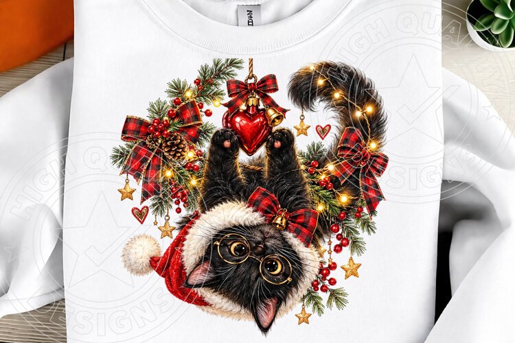 Christmas Black Cat Santa Hat, Glasses & Buffalo Plaid Holid example image 1