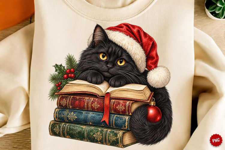 Christmas Black Cat PNG, Book Lover Sublimation