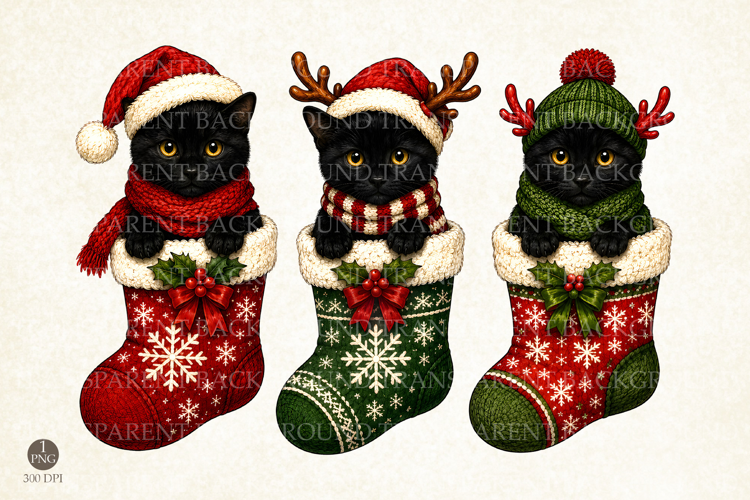 Christmas Black Cat Stockings PNG, Holiday Black Cat