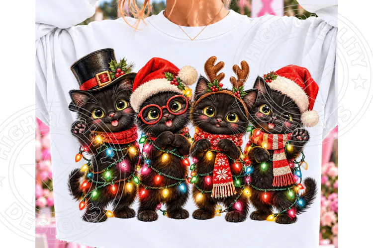 Meowy Christmas PNG | Black Kittens & Christmas Lights Subli