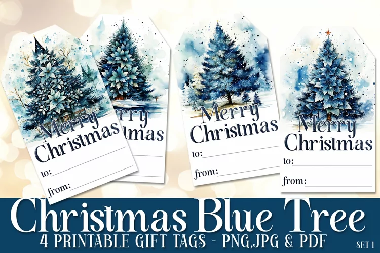 Blue Holiday Christmas Tree Gift Tags & Sheet, Printable s1