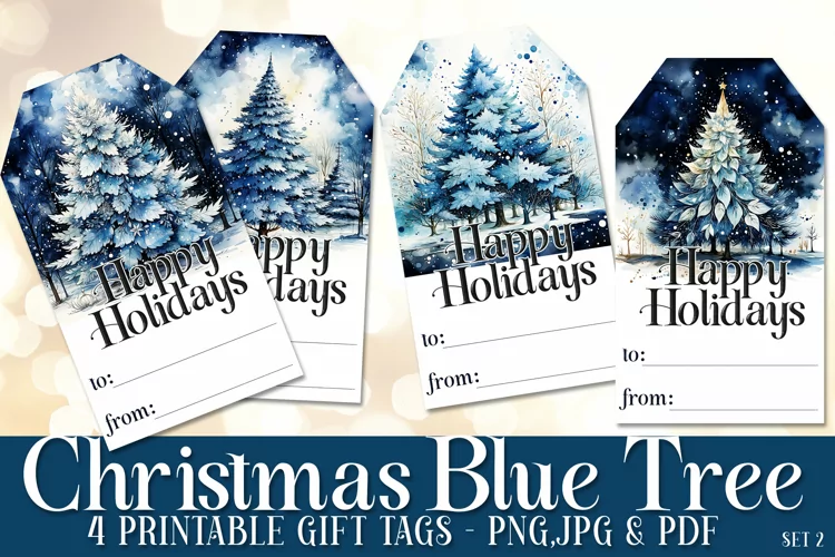 Blue Holiday Christmas Tree Gift Tags & Sheet, Printable s2