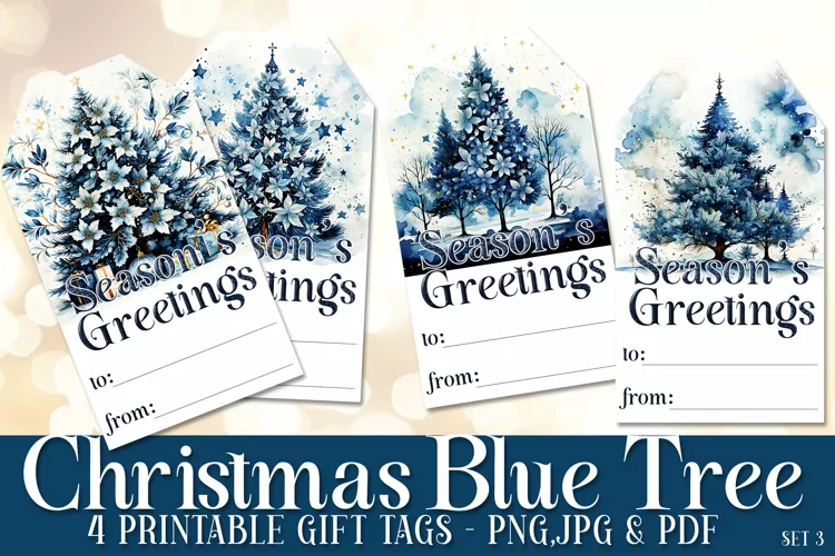Blue Holiday Christmas Tree Gift Tags & Sheet, Printable s3