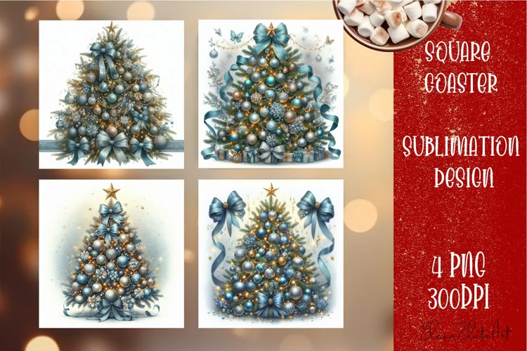 Christmas blue tree Sublimation Coaster Design