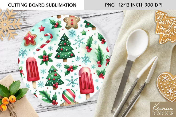 Cute Christmas Pattern|Round Cutting Board Sublimation