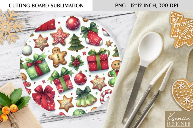 Cute Christmas Pattern|Round Cutting Board Sublimation
