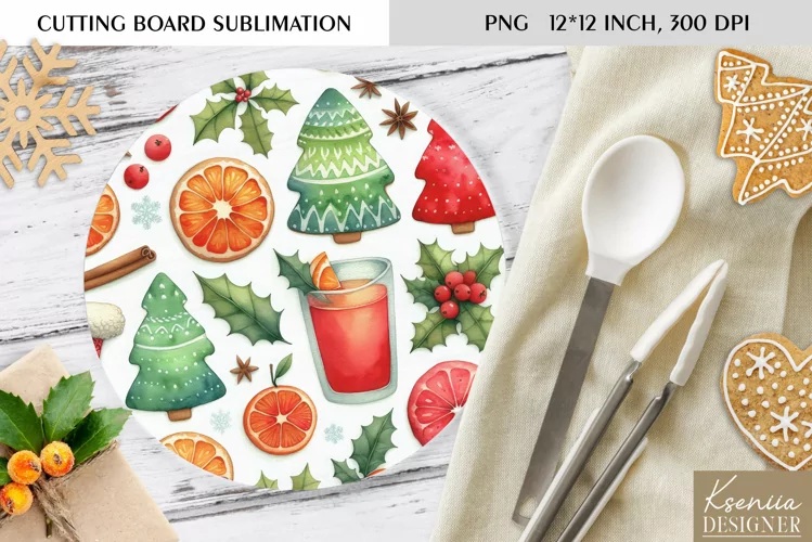 Cute Christmas Pattern|Round Cutting Board Sublimation