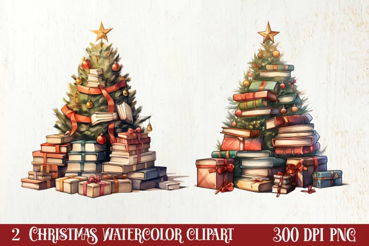 Christmas Books Tree Sublimation Clipart, Christmas Clipart
